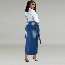 Plus Size Pockets Split Denim Long Skirt GDAM-218632