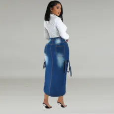 Plus Size Pockets Split Denim Long Skirt GDAM-218632