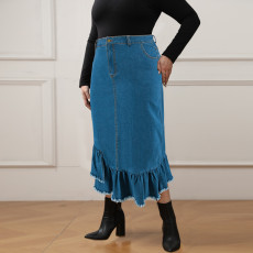 Plus Size Tassel Ruffle Denim Half Body Skirt GDAM-218633
