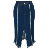 Plus Size Fashion Tassel Split Denim Long Skirt GDAM-218606