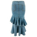 Plus Size Ruffle Irregular Denim Long Skirt GDAM-218634