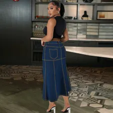 Plus Size Washed Zipper Denim Long Skirt GDAM-218630