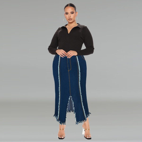 Plus Size Fashion Tassel Split Denim Long Skirt GDAM-218606