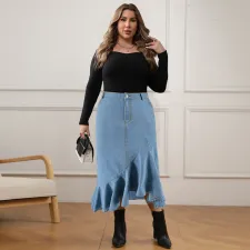 Plus Size Fashion Denim Ruffle Irregular Skirt GDAM-218635