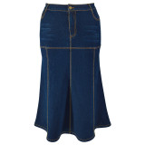 Plus Size Washed Zipper Denim Long Skirt GDAM-218630