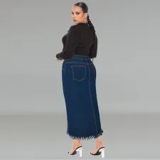 Plus Size Fashion Tassel Split Denim Long Skirt GDAM-218606