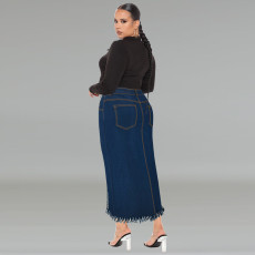Plus Size Fashion Tassel Split Denim Long Skirt GDAM-218606