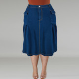 Plus Size Casual Loose Solid Denim Half Body Skirt GDAM-218608