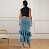 Plus Size Ruffle Irregular Denim Long Skirt GDAM-218634