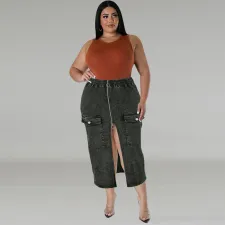Plus Size Fashion Denim Zipper Long Skirt GDAM-218631
