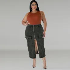 Plus Size Fashion Denim Zipper Long Skirt GDAM-218631
