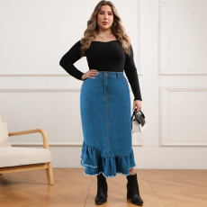 Plus Size Tassel Ruffle Denim Half Body Skirt GDAM-218633