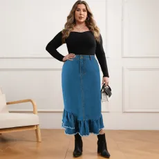Plus Size Tassel Ruffle Denim Half Body Skirt GDAM-218633