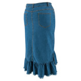 Plus Size Tassel Ruffle Denim Half Body Skirt GDAM-218633