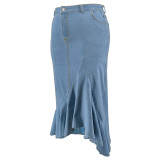 Plus Size Fashion Denim Ruffle Irregular Skirt GDAM-218635