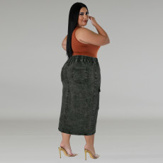 Plus Size Fashion Denim Zipper Long Skirt GDAM-218631