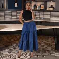 Plus Size Solid Denim Casual Half Body Skirt GDAM-218636