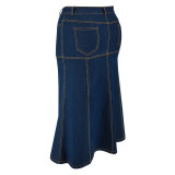 Plus Size Washed Zipper Denim Long Skirt GDAM-218630