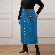 Plus Size Denim Single Breasted Long Half-body Skirt GDAM-218609