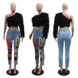 Solid Color Slant Shoulder Lotus Short Top CYA-CY901305