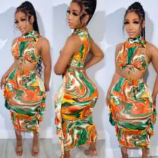 Print Sleeveless Tie Up Half Skirt 2 Piece Set NY-10820