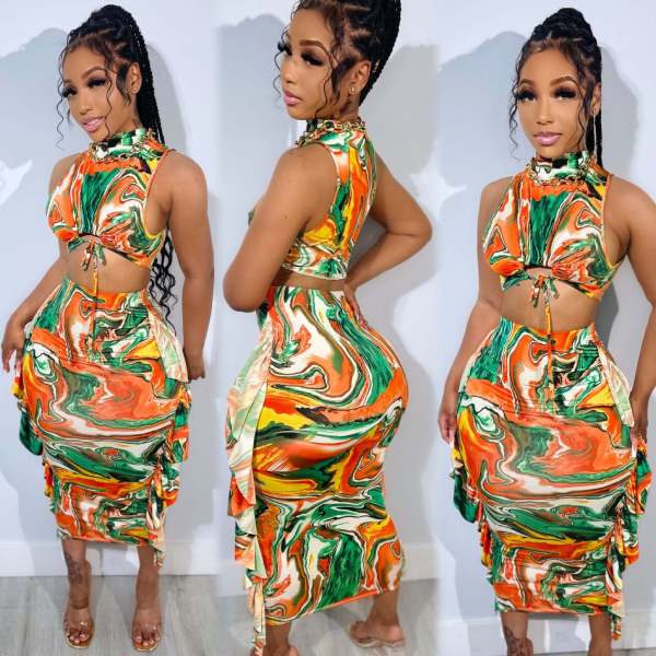 Print Sleeveless Tie Up Half Skirt 2 Piece Set NY-10820