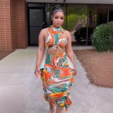 Print Sleeveless Tie Up Half Skirt 2 Piece Set NY-10820
