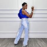 Solid Color Slant Shoulder Lotus Short Top CYA-CY901305