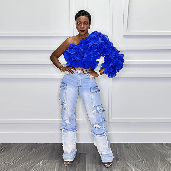 Solid Color Slant Shoulder Lotus Short Top CYA-CY901305