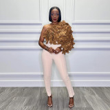 Solid Color Slant Shoulder Lotus Short Top CYA-CY901305