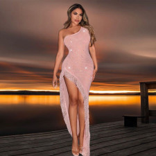 Hot Drill Tassel Slash Shoulder Maxi Dress CYA-CY901291
