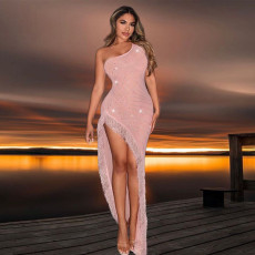 Hot Drill Tassel Slash Shoulder Maxi Dress CYA-CY901291