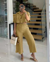 Solid Color Lapel Shirt And Loose Pants 2 Piece Set QODY-6042
