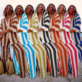 Plus Size Striped Sweater Loose Two Piece Pants Set FSXF-663