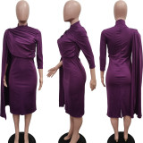 Solid Color Half High Neck Irregular Midi Dress BGN-329