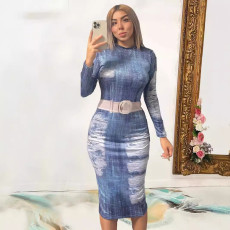 Fashon Print Long Sleeve Midi Dress GYSF-1089