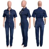 Fashion Single-breasted Washed Denim Jumpsuit GKNF-3575