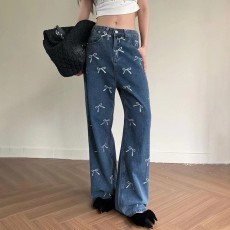 Bow Printed Loose Denim Straight Leg Jeans GQLF-80000