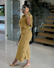 Solid Color Lapel Shirt And Loose Pants 2 Piece Set QODY-6042