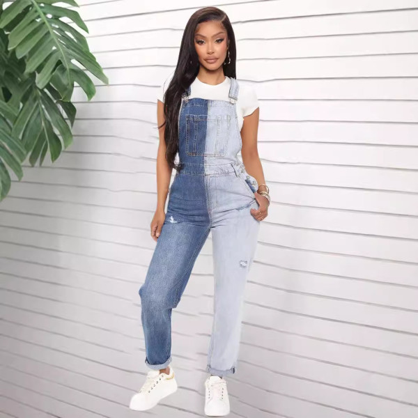 Fashion Color Block Holes Denim Back Pants Jumpsuit GKNF-5523