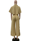 Solid Color Lapel Shirt And Loose Pants 2 Piece Set QODY-6042