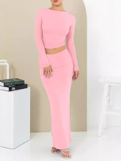 Solid Color Long Sleeve Long Skirt 2 Piece Set MZ-WX001