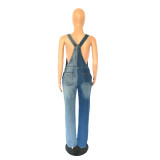 Fashion Color Block Holes Denim Back Pants Jumpsuit GKNF-5523