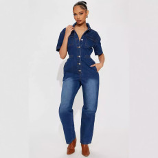 Fashion Single-breasted Washed Denim Jumpsuit GKNF-3575