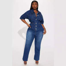 Fashion Single-breasted Washed Denim Jumpsuit GKNF-3575