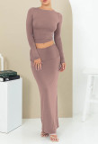Solid Color Long Sleeve Long Skirt 2 Piece Set MZ-WX001