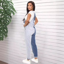 Fashion Color Block Holes Denim Back Pants Jumpsuit GKNF-5523