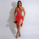 Hot Drill Mesh Patchwork Backless Midi Dress BY-6968