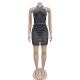 Sexy Mesh Hot Drill Halter Backless Mini Dress BY-6959