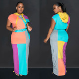 Color Block Print Short Sleeve Drawstring Hooded Dress BY-6975
